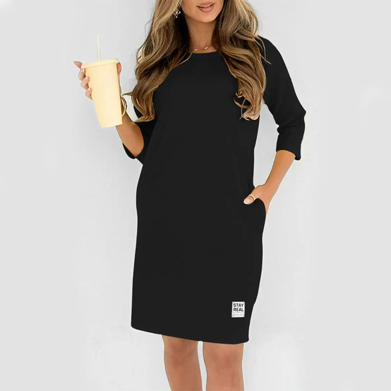 ✨🔥Women’s Crew Neck 3/4 Sleeve Side Pocket Loose T-Shirt Mini Dress💕