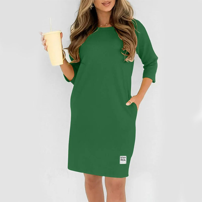 ✨🔥Women’s Crew Neck 3/4 Sleeve Side Pocket Loose T-Shirt Mini Dress💕