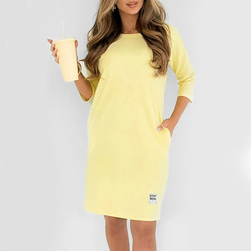 ✨🔥Women’s Crew Neck 3/4 Sleeve Side Pocket Loose T-Shirt Mini Dress💕