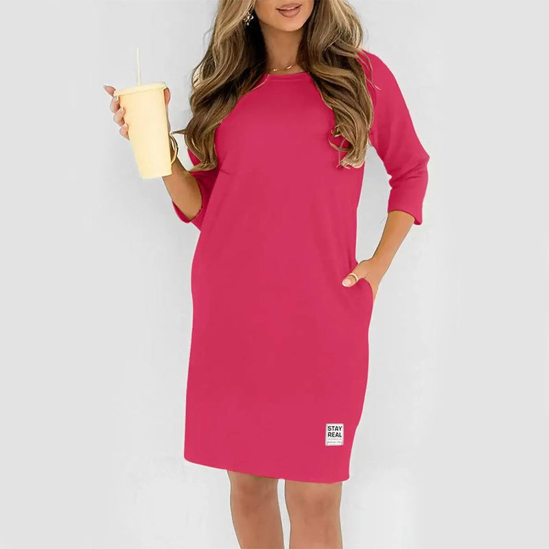 ✨🔥Women’s Crew Neck 3/4 Sleeve Side Pocket Loose T-Shirt Mini Dress💕