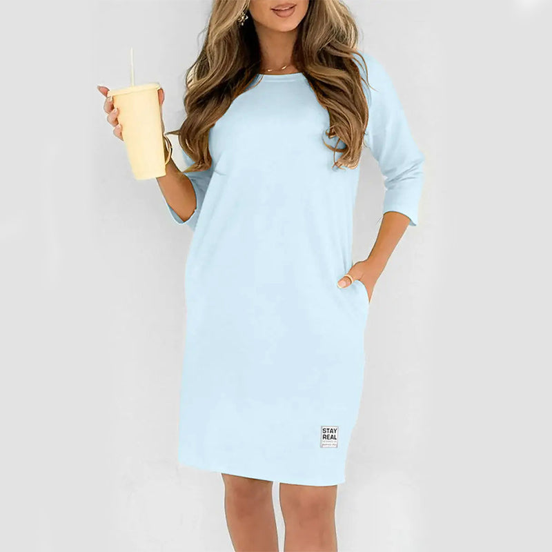 ✨🔥Women’s Crew Neck 3/4 Sleeve Side Pocket Loose T-Shirt Mini Dress💕