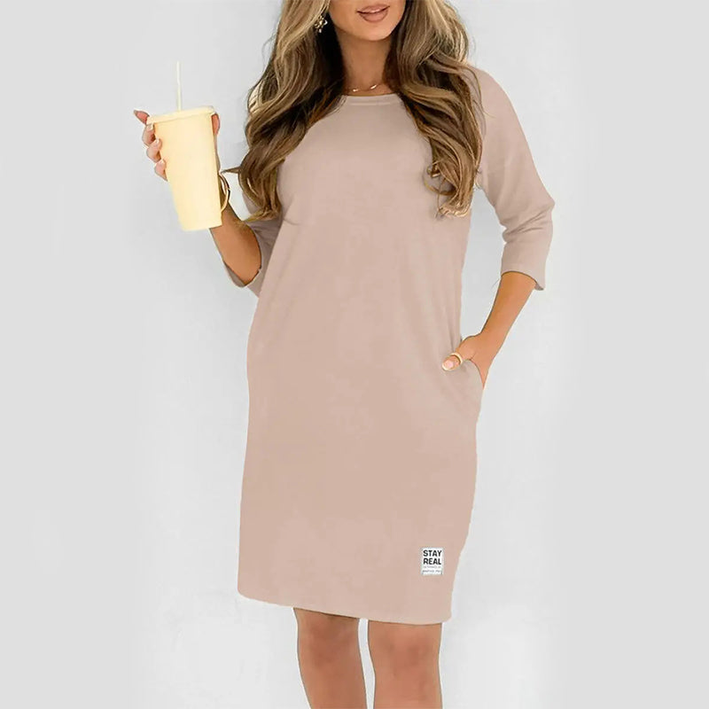 ✨🔥Women’s Crew Neck 3/4 Sleeve Side Pocket Loose T-Shirt Mini Dress💕